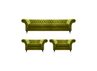 Olivengrüne Wohnzimmer Garnitur Chesterfield Polstercouch 2x Sessel 3tlg