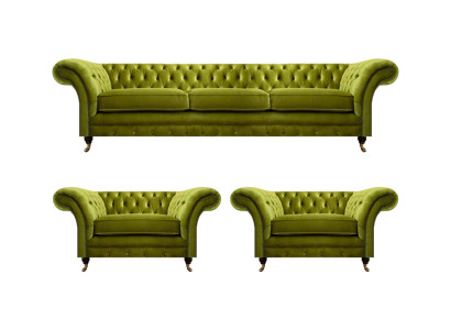 Olivengrüne Wohnzimmer Garnitur Chesterfield Polstercouch 2x Sessel 3tlg