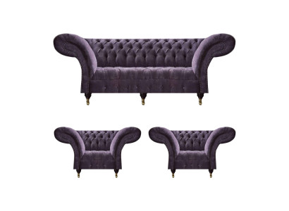 Lila Chesterfield Polstergarnitur Wohnzimmer 3-Sitzer Designer 2x Sessel
