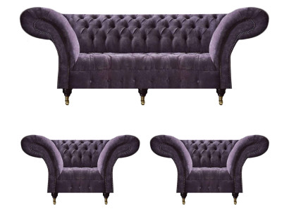 Lila Chesterfield Polstergarnitur Wohnzimmer 3-Sitzer Designer 2x Sessel
