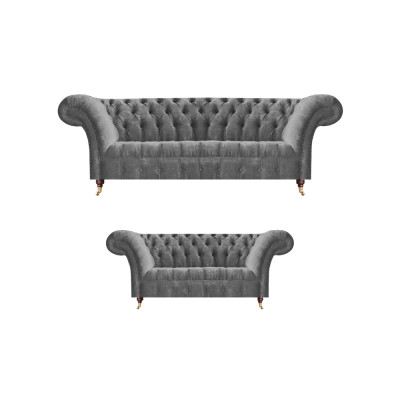 Wohnzimmer Graue Chesterfield Sofas Komplettes Set 3-Sitzer Zweisitzer