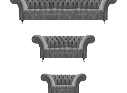 Edle Chesterfield Sofagarnitur Grauer Textil Viersitzer Polster Sessel
