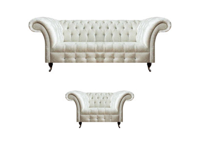 Moderne Chesterfield Weiße Stoffcouch Exklusiver Wohnzimmer Sessel 2tlg