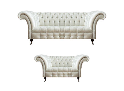 Komplette Weiße Chesterfield Sofagarnitur Moderner 3-Sitzer Luxus 2-er