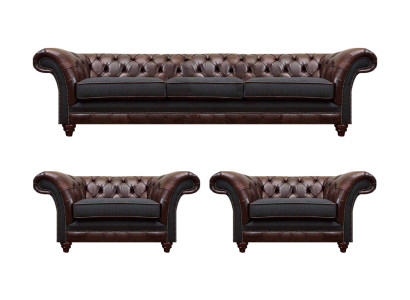 Braun-Graue Chesterfield Sitzgarnitur 2x Ledersessel Dreisitzer 3tlg Set