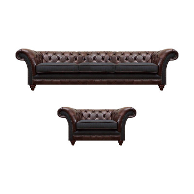 Chesterfield Braune Ledersofa Garnitur Dreisitzer Edler Polster Sessel