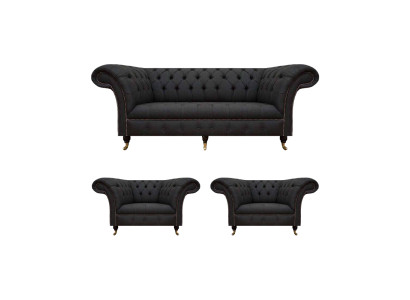 Moderne Chesterfield Schwarze Garnitur Designer 2x Textilsessel 3-Sitzer