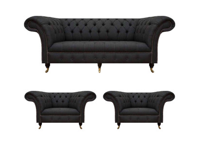 Moderne Chesterfield Schwarze Garnitur Designer 2x Textilsessel 3-Sitzer