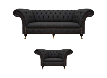 Chesterfield Schwarze Stoffgarnitur Designer 3-Sitzer Polstersessel 2tlg