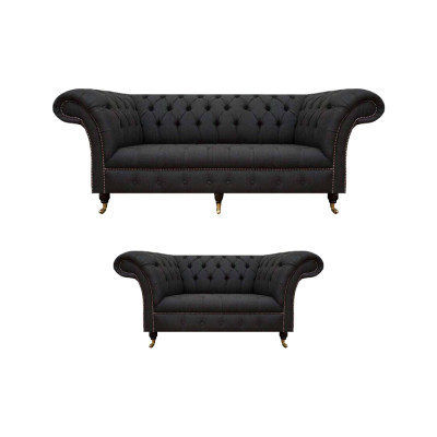 Komplett Schwarze Chesterfield Garnitur Designer Dreisitzer Moderner 2-er