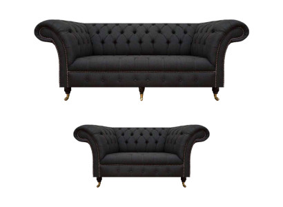 Komplett Schwarze Chesterfield Garnitur Designer Dreisitzer Moderner 2-er