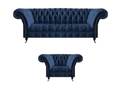 Dunkelblaue Wohnzimmer 3-Sitzer Couch Designer Lehnsessel Edler 2tlg Set