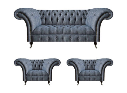 Chesterfield Garnitur Graue Polster Sitzmöbel 2x Lehnsessel Dreisitzer