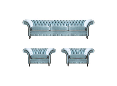 Chesterfield Polster Sitzmöbel Blaue Sofagarnitur 3-Sitzer 2x Sessel