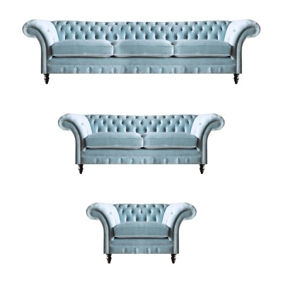 Luxuriöse Blaue Chesterfield Polster Garnitur Dreisitzer Lehnsessel 3tlg