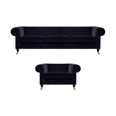 Luxuriöse Chesterfield Sofas Dunkelblauer Textil Dreisitzer Edler Sessel