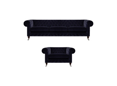 Luxuriöse Chesterfield Sofas Dunkelblauer Textil Dreisitzer Edler Sessel