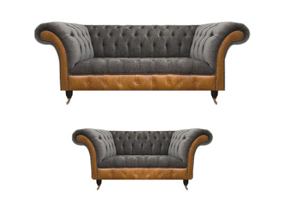 Hellgrau-Braune Chesterfield Sofa Set Edle Sitzmöbel Moderne Garnitur