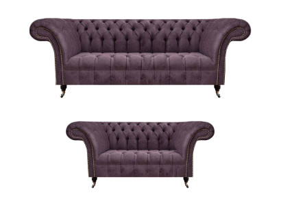 Komplette Chesterfield Lila Sitzgarnitur 2x Sofas Dreisitzer 2-Sitzer