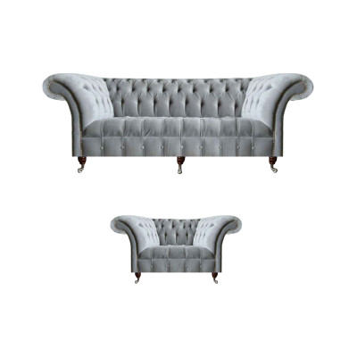 Komplette Graue Chesterfield Sitzmöbel Edler Lenhsessel 3-Sitzer Couch