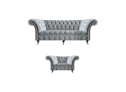 Komplette Graue Chesterfield Sitzmöbel Edler Lenhsessel 3-Sitzer Couch