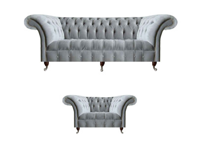 Komplette Graue Chesterfield Sitzmöbel Edler Lenhsessel 3-Sitzer Couch