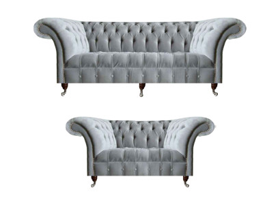 Chesterfield Hellgraue Polster Garnitur Designer 2x Textilsofas 2tlg