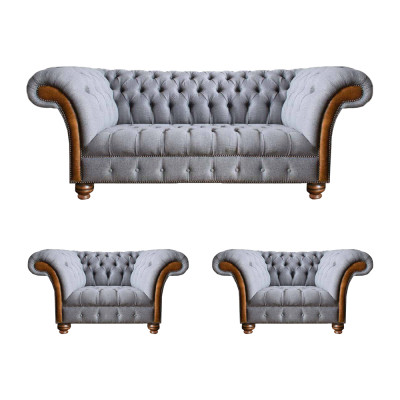 Hellgraue Chesterfield Luxus Garnitur Wohnzimmer 3-Sitzer Couch Sessel