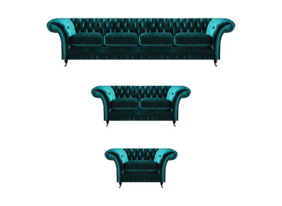 Grüne Chesterfield Textil Garnitur Wohnzimmer Designer Sofa Set 3tlg