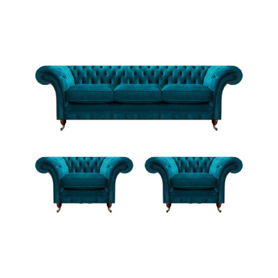 Chesterfield Blaue Couchen Polstersofas Wohnzimmer Textil Sitzmöbel 3tlg