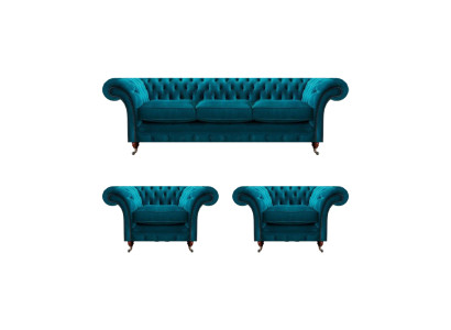 Chesterfield Blaue Couchen Polstersofas Wohnzimmer Textil Sitzmöbel 3tlg