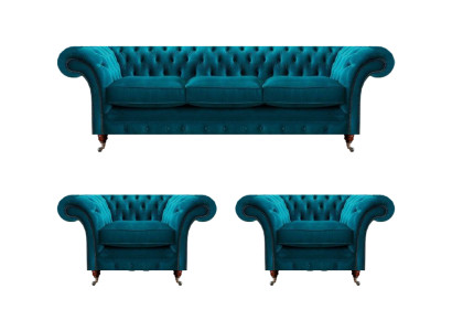 Chesterfield Blaue Couchen Polstersofas Wohnzimmer Textil Sitzmöbel 3tlg