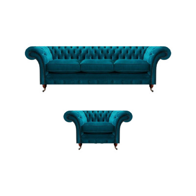 Hellblaue Chesterfield Polstergarnitur Designer 3-Sitzer Sofa Sessel
