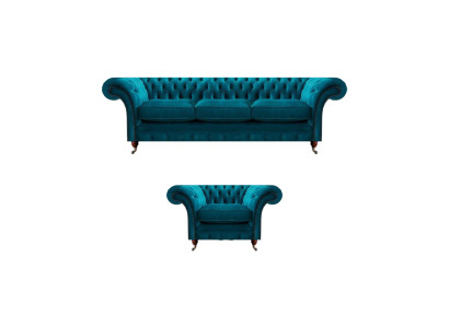 Hellblaue Chesterfield Polstergarnitur Designer 3-Sitzer Sofa Sessel