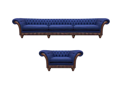 Blaue Chesterfield Polstermöbel Designer 3-Sitzer Sofa Stoffsessel 2tlg
