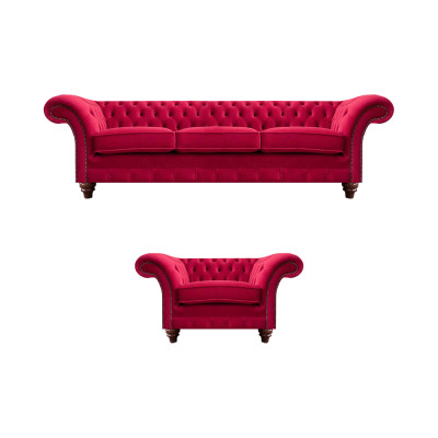 Chesterfield Rote Couchgarnitur Edler Textilsessel Polster Dreisitzer