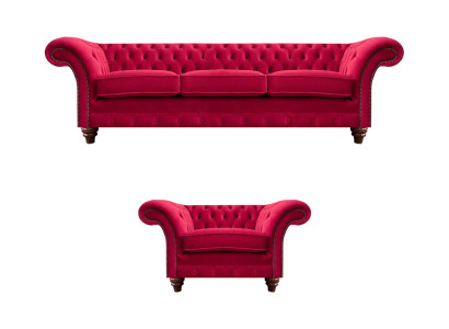 Chesterfield Rote Couchgarnitur Edler Textilsessel Polster Dreisitzer