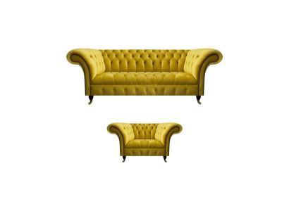 Moderne Gelbe Chesterfield Polstergarnitur Edler 3-Sitzer Textilsessel