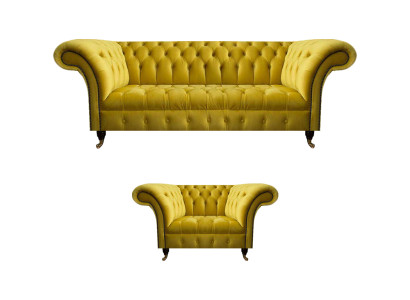 Moderne Gelbe Chesterfield Polstergarnitur Edler 3-Sitzer Textilsessel