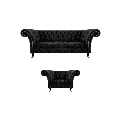 Chesterfield Schwarze Polstermöbel Designer Wohnzimmer Couch Sessel 2tlg