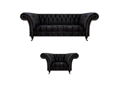 Chesterfield Schwarze Polstermöbel Designer Wohnzimmer Couch Sessel 2tlg