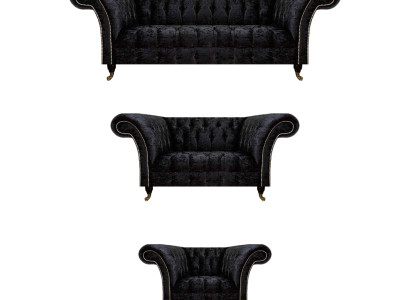 Schwarze Textil Chesterfield Garnitur Edler Dreisitzer Lehnsessel 3tlg