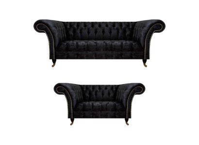 Luxuriöse Chesterfield Schwarze Textil Sitzgarnitur Wohnzimmer Möbel