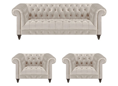 Stilvolle Chesterfield Couchgarnitur Moderne Textilcouch 2x Lehnsessel