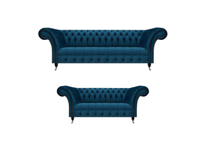 Luxuriöse Blaue Chesterfield Textilgarnitur 3-Sitzer Sofa Zweisitzer