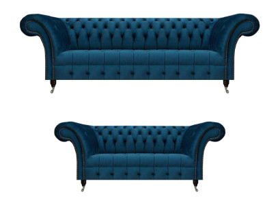 Luxuriöse Blaue Chesterfield Textilgarnitur 3-Sitzer Sofa Zweisitzer