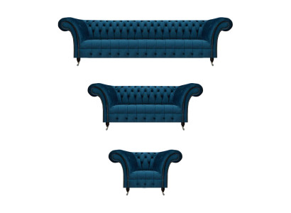 Luxuriöse Chesterfield Blaue Polstergarnitur Designer Textilsofas Sessel