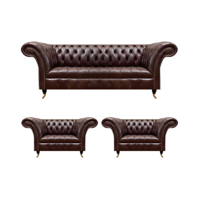 Luxus Braune Chesterfield Ledermöbel Designer Dreisitzer 2x Sessel 3tlg