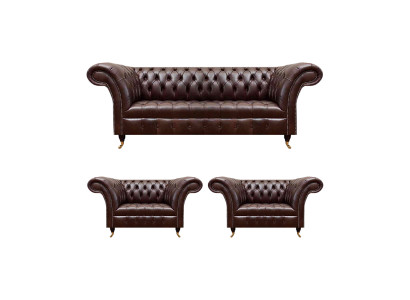 Luxus Braune Chesterfield Ledermöbel Designer Dreisitzer 2x Sessel 3tlg