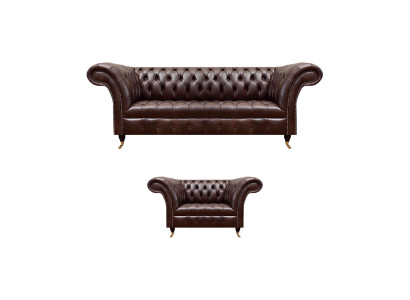 Luxuriöses Braunes Chesterfield Lederset Designer 3-Sitzer Sessel 2tlg